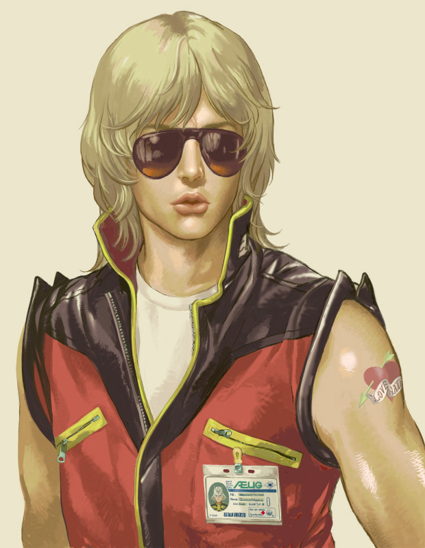 mootan, char aznable, quattro bajeena, sylvester stallone, cobra (film), gundam, zeta gundam, 1980s (style), 1boy, aviator sunglasses, blonde hair, jacket, lips, male focus, oldschool, parody, retro artstyle, short hair, simple background, solo, sunglasses, tattoo, vest, zipper