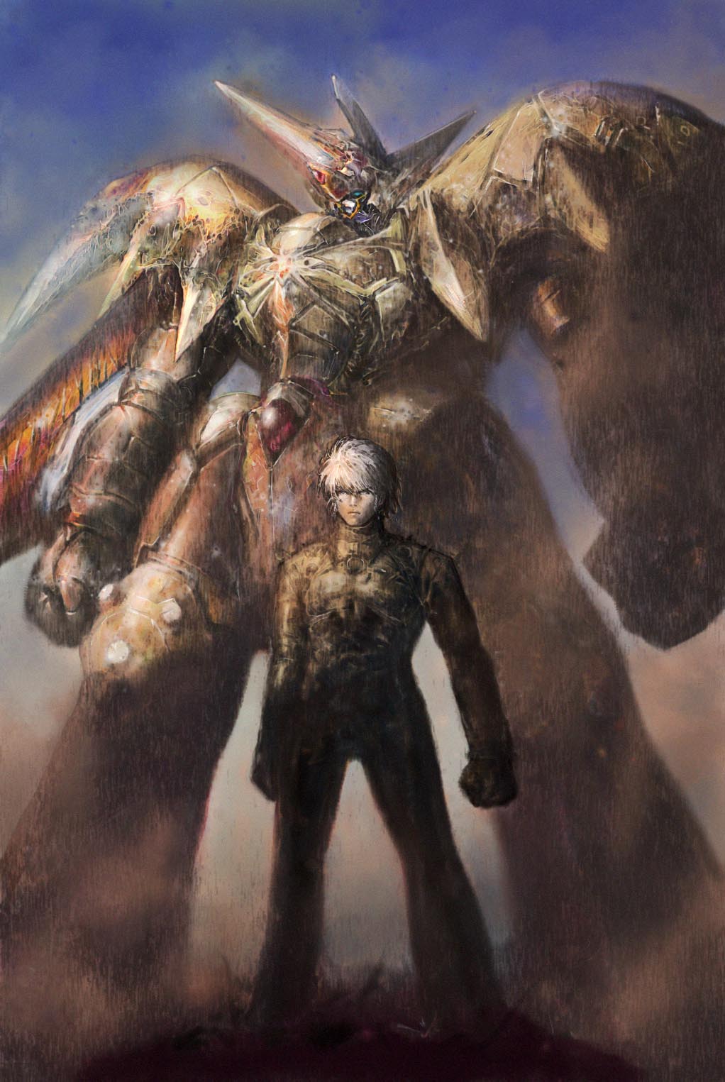 mitsuba, mitsuba (knight lounge), sanger zonvolt, thrudgelmir, wodan ymir, banpresto, super robot wars, highres, 1boy, blue sky, clenched hands, creature, day, fighting stance, full body, giant, male focus, mecha, outdoors, robot, size difference, sky, standing
