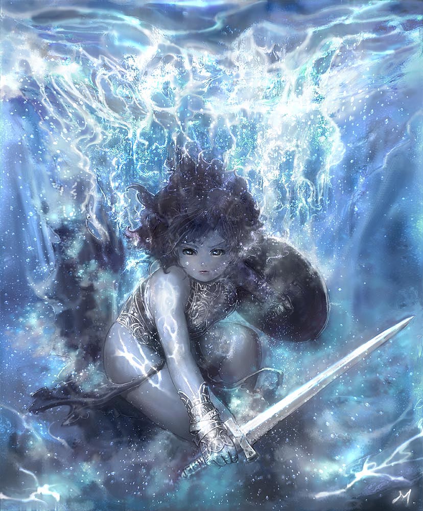 mitsuba, mitsuba (knight lounge), original, 1girl, armor, bubble, female focus, floating hair, hair raising, plump, shield, solo, sword, underwater, water, weapon