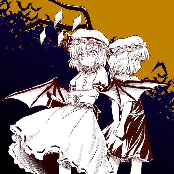 tsuyadashi shuuji, flandre scarlet, remilia scarlet, touhou, 2girls, bat wings, female focus, monochrome, multiple girls, siblings, sisters, vampire, wings, yellow background, yellow theme