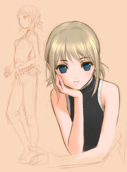 sano toshihide, belt, blonde hair, blue eyes, blush, flat chest, grey hair, head rest, short hair, sketch, sleeveless, smile, standing, turtleneck