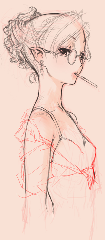 sano toshihide, original, 1girl, cigarette, earrings, elf, female focus, flat chest, glasses, jewelry, monochrome, pink theme, pointy ears, sketch, smoking, solo