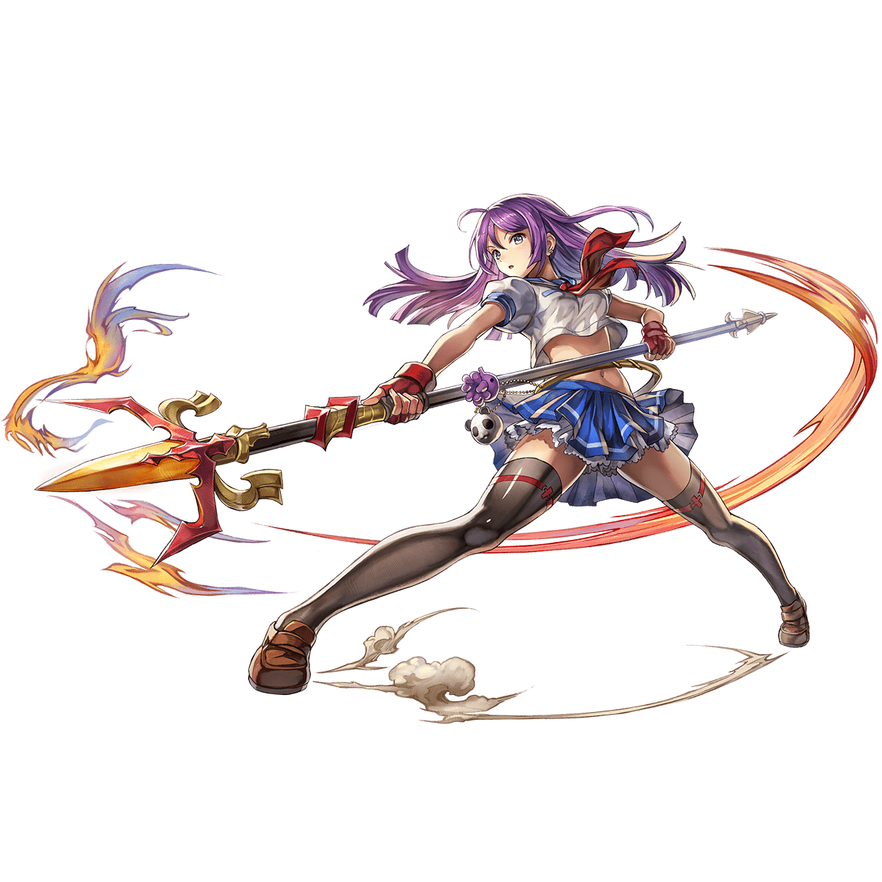 foran (another eden), another eden, highres, 1girl, ahoge, another eden art team, black thighhighs, blue sailor collar, blue skirt, blush, breasts, brown shoes, fighting stance, fingerless gloves, full body, gloves, grey eyes, hair between eyes, holding, holding polearm, holding weapon, large breasts, loafers, long hair, looking at viewer, midriff, navel, neckerchief, octopus, panda, pink hair, pleated skirt, polearm, puffy short sleeves, puffy sleeves, red neckerchief, sailor collar, school uniform, serafuku, shirt, shoes, short sleeves, simple background, skirt, solo, spread legs, standing, tachi-e, thighhighs, thighs, transparent background, two-handed, v-shaped eyebrows, weapon, white shirt