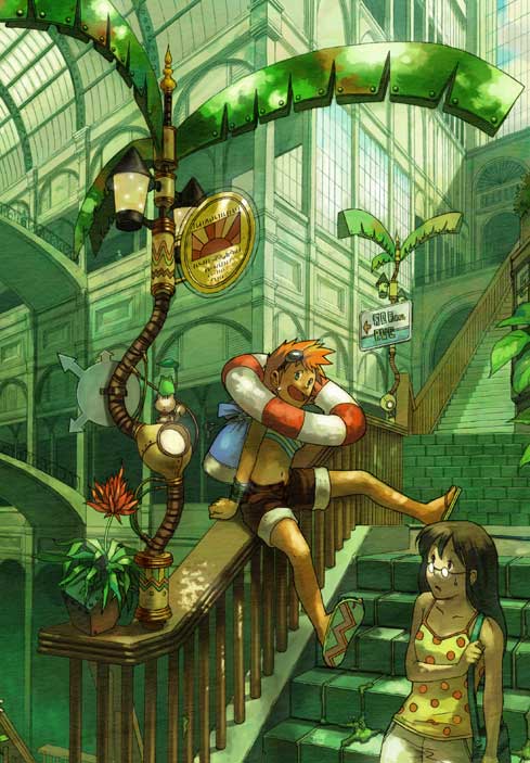 ouhito sayaka, camisole, glasses, goggles, innertube, lifebuoy, sandals, shorts, solo, stairs, steampunk, swim ring