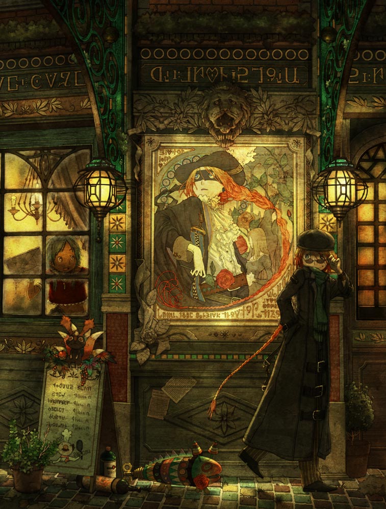 ouhito sayaka, 2girls, against glass, bottle, braid, brown hair, coat, from side, full body, glasses, hat, indoors, lamp, lantern, multiple girls, outdoors, profile, red hair, short hair, stained glass, standing, walking, window