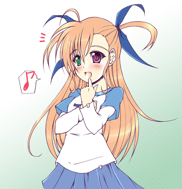uminchu, vivio, lyrical nanoha, mahou shoujo lyrical nanoha, mahou shoujo lyrical nanoha strikers, 00s, 1girl, ahoge, brown hair, casual, female focus, hair ribbon, heterochromia, music, musical note, open mouth, pleated skirt, ribbon, skirt, solo, speech bubble, spoken musical note, two side up
