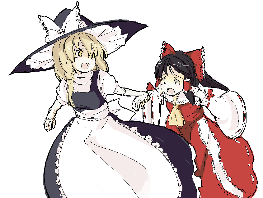 nanami natsuki, nanaumi natsuki, hakurei reimu, kirisame marisa, touhou, 2girls, :o, apron, ascot, black eyes, black hair, black hat, blonde hair, bow, detached sleeves, female focus, frilled apron, frills, hair bow, hair tubes, hat, hat bow, holding another's wrist, holding hands, long hair, looking at another, looking back, multiple girls, oekaki, outstretched arm, puffy short sleeves, puffy sleeves, pulling, red bow, red ribbon, red skirt, ribbon, ribbon-trimmed sleeves, ribbon trim, running, shirt, short sleeves, simple background, sketch, skirt, skirt set, turtleneck, waist apron, white apron, white background, white bow, white shirt, witch hat, yellow eyes