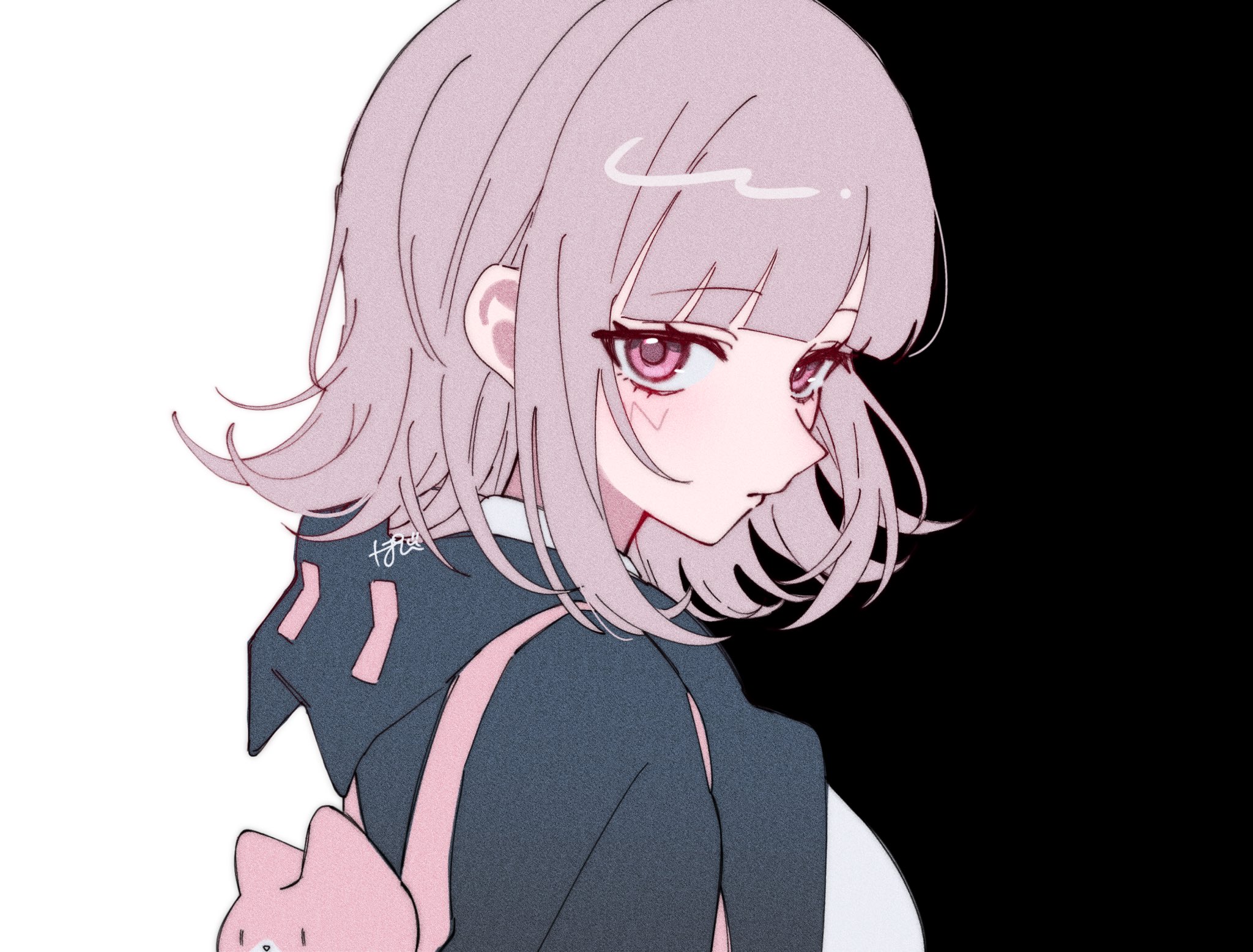 pote (pote 39), nanami chiaki, danganronpa (series), danganronpa 2: goodbye despair, highres, 1girl, animal bag, breasts, cat bag, flipped hair, hood, jacket, looking at viewer, medium hair, no hair ornament, open clothes, open jacket, pink bag, pink eyes, shirt, solo, white shirt