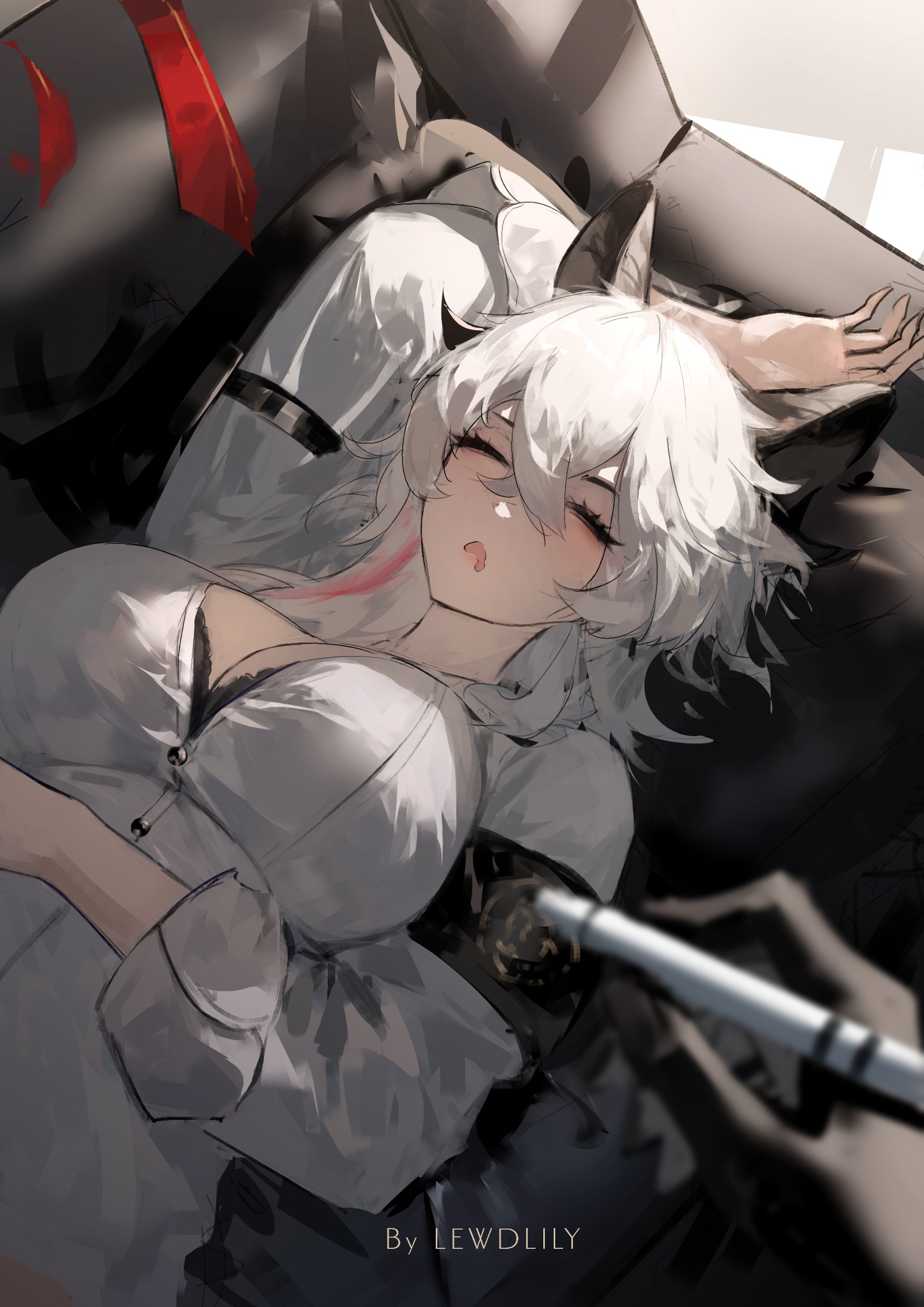 lewdlily66, male rover (wuthering waves), rover (wuthering waves), zani (wuthering waves), wuthering waves, absurdres, highres, 1boy, 1girl, arm up, armband, artist name, black armband, black bra, black horns, bra, bra peek, breasts, closed eyes, couch, curled horns, drooling, hair between eyes, holding, holding marker, horns, large breasts, long hair, lying, marker, multicolored hair, necktie, on back, on couch, open mouth, pov, pov hands, red necktie, shirt, sleeping, solo focus, streaked hair, underwear, unworn necktie, white hair, white shirt