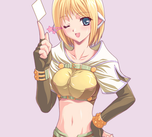 hunter (ragnarok online), ragnarok online, lowres, 1girl, blonde hair, blue eyes, breasts, female focus, hunter, large breasts, medium breasts, one eye closed, solo, wink