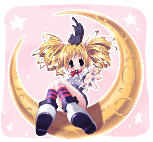 loli ruri, ragnarok online, multicolored legwear, 1girl, blonde hair, female focus, moon, socks, solo, striped clothes, striped socks