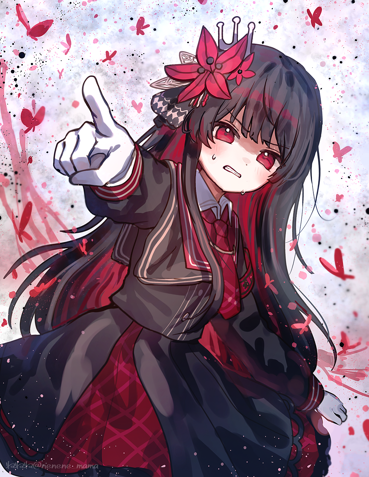 nene man, nikaidou hiro, mahou shoujo no majo saiban, commentary request, highres, 1girl, armband, black capelet, black hair, black shirt, black skirt, bug, butterfly, capelet, cowboy shot, crown, flower, frilled skirt, frills, furrowed brow, gloves, hair flower, hair ornament, insect, long hair, long sleeves, looking at viewer, magical girl, necktie, nervous sweating, pointing, pointing at viewer, red armband, red butterfly, red eyes, red flower, red necktie, shirt, skirt, solo, standing, sweat, white gloves