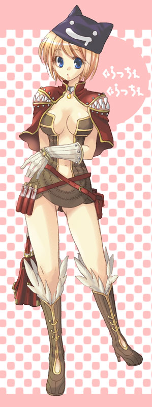 creator (ragnarok online), ragnarok online, 1girl, arm behind back, bare legs, belt, black hat, blonde hair, boots, brown boots, buckle, checkered background, closed mouth, creature, dot mouth, female focus, full body, hat, head tilt, high heel boots, high heels, knee boots, looking at viewer, pink background, shorts, simple background, smile, solo, standing, two-tone background