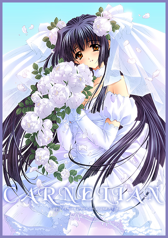 carnelian, kuraki suzuna, kao no nai tsuki, 00s, blue hair, bouquet, bride, dress, elbow gloves, flower, gloves, long hair, purple hair, solo, wedding dress
