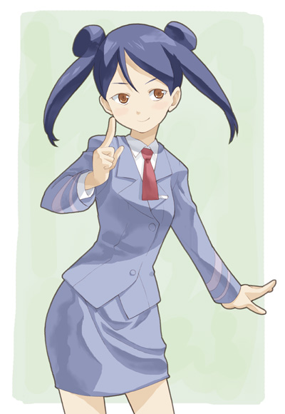 takano natsuki, rei (kiss dum), kiss dum, uniform, 00s, 1girl, blue hair, blush, double bun, female focus, hair bun, miniskirt, necktie, office lady, orange eyes, pencil skirt, pointing, short twintails, skirt, smile, solo, square-end necktie, twintails