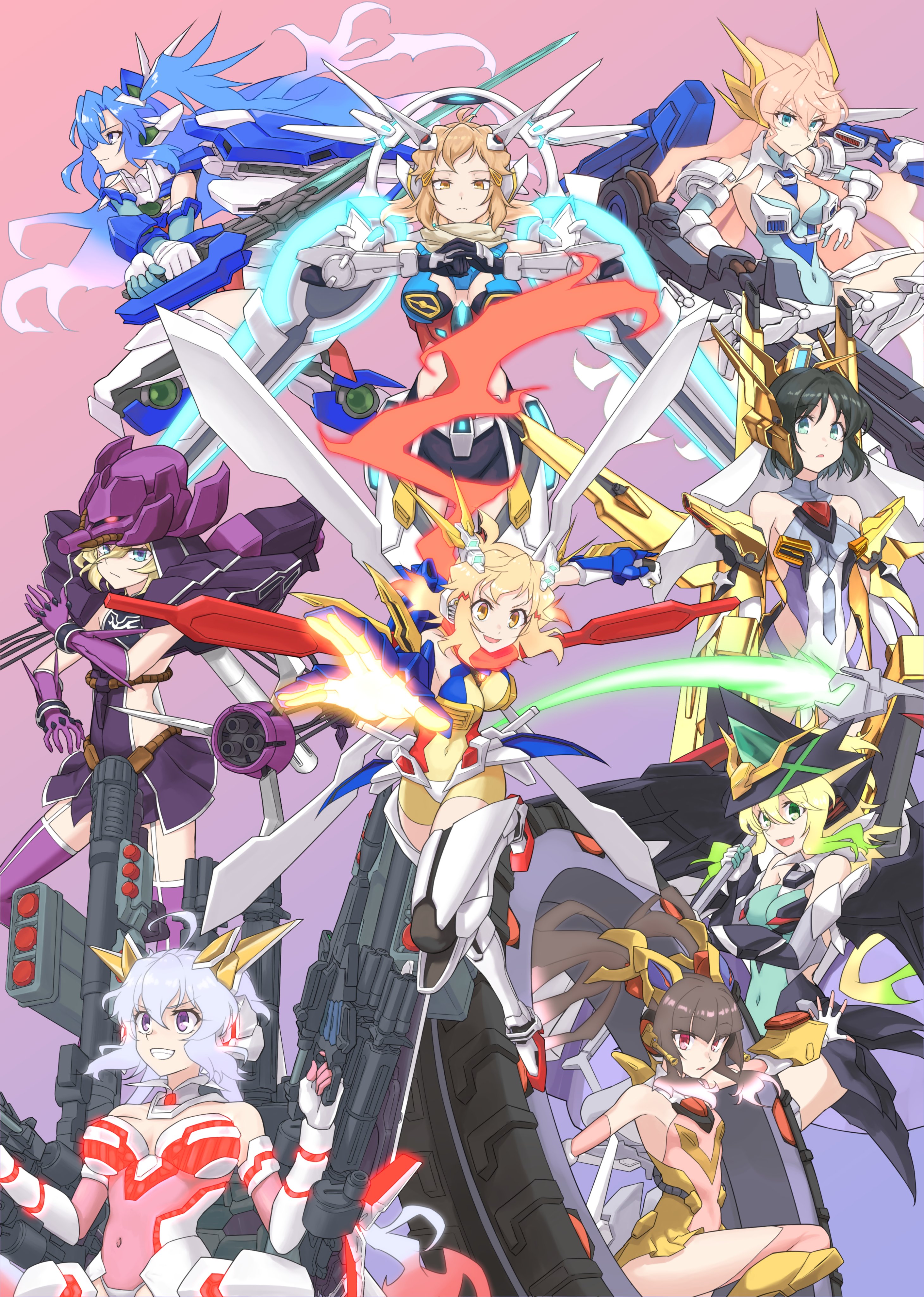 type-moongundam, 00 qan[t], akatsuki gundam, akatsuki kirika, carol malus dienheim, full armor unicorn gundam, gedlav, god gundam, gundam deathscythe hell custom, kazanari tsubasa, kohinata miku, maria cadenzavna eve, rozen zulu, tachibana hibiki (another) (symphogear), tachibana hibiki (symphogear), tallgeese iii, tsukuyomi shirabe, yukine chris, g gundam, gundam, gundam 00, gundam 00 a wakening of the trailblazer, gundam g no reconguista, gundam seed, gundam seed destiny, gundam unicorn, gundam wing: endless waltz, senki zesshou symphogear, victory gundam, absurdres, highres, 6+girls, ahoge, bakunetsu god finger, beam cannon, beam scythe, boots, covered navel, fist in hand, g-self perfect pack, gloves, glowing, glowing hair, gradient background, holding, holding sword, holding weapon, leotard, long hair, mecha musume, multiple girls, red scarf, scarf, shoulder cannon, sword, twintails, weapon, wheel, x-drive (symphogear)