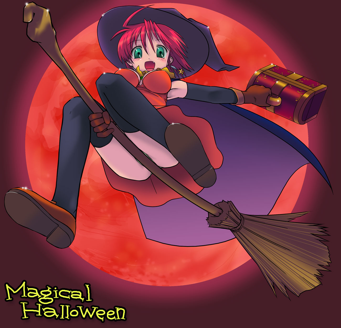 jimakku (zimac), zimac, alice wishheart, magical halloween, highres, 1girl, aqua eyes, armpits, broom, broom riding, cape, copyright name, earrings, fang, female focus, gloves, halloween, hat, jewelry, moon, red hair, red moon, solo, star (symbol), star earrings, thighhighs, upskirt, witch, witch hat