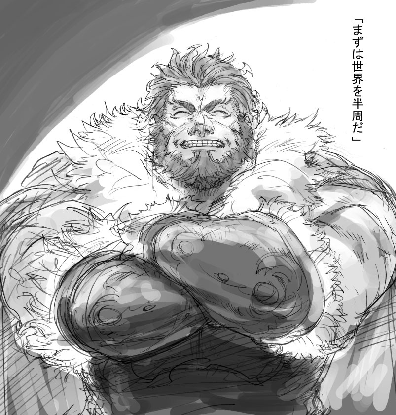 tetsu (kimuchi), iskandar (fate), fate/stay night, fate/zero, fate (series), 00s, 1boy, greyscale, iskander, male focus, manly, monochrome, sketch, solo
