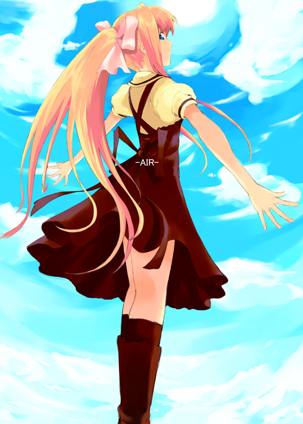 kitagawa unagi, kamio misuzu, air (visual novel), 00s, 1girl, blonde hair, boots, day, female focus, long hair, ribbon, sky, solo, very long hair