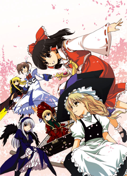 bardiche (nanoha), bardiche (zanber form) (nanoha), fate testarossa, fate testarossa (lightning form), hakurei reimu, kirisame marisa, raising heart, raising heart (accel mode), shinku, suigintou, takamachi nanoha, takamachi nanoha (sacred mode), lyrical nanoha, mahou shoujo lyrical nanoha, rozen maiden, touhou, 00s, 6+girls, blonde hair, cape, crossover, energy sword, fingerless gloves, gloves, hat, magical girl, multiple girls, sword, twintails, weapon, wings, witch hat