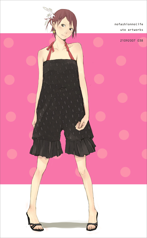 yoshito, original, arms at sides, bad feet, brown eyes, brown hair, dated, english text, feather hair ornament, feet, frown, full body, hair ornament, halterneck, high heels, legs apart, pink background, shoes, solo, standing