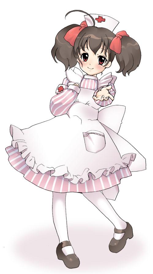 mayumi, original, 1girl, cross, cross print, dress, female focus, full body, hat, head tilt, long sleeves, looking at viewer, mary janes, nurse, nurse cap, pantyhose, pink dress, pocket, shoes, simple background, solo, standing, white background, white pantyhose
