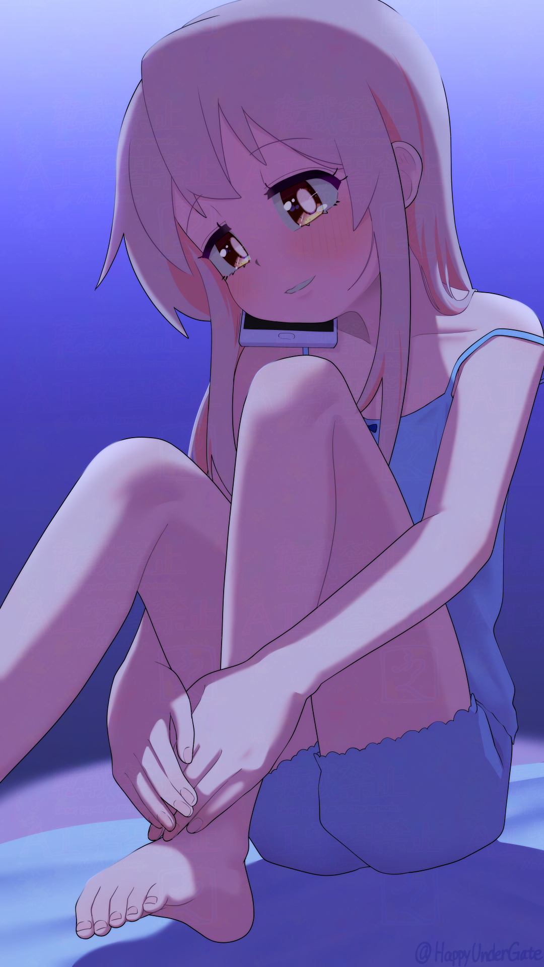 happyundergate, oyama mahiro, onii-chan wa oshimai!, commentary, highres, 1girl, artist name, babydoll, bare arms, bare legs, bare shoulders, barefoot, blue babydoll, blue shorts, blush, brown eyes, cellphone, collarbone, colored inner hair, feet, grey hair, long hair, multicolored hair, parted lips, phone, pink hair, plantar flexion, shorts, sitting, smartphone, smile, solo, strap slip, talking on phone, toes, twitter username, two-tone hair