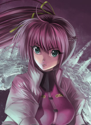 kitiroku, signum, lyrical nanoha, mahou shoujo lyrical nanoha, mahou shoujo lyrical nanoha strikers, lowres, 00s, 1girl, aqua eyes, coat, female focus, hair ribbon, pink hair, ponytail, ribbon, simple background, solo