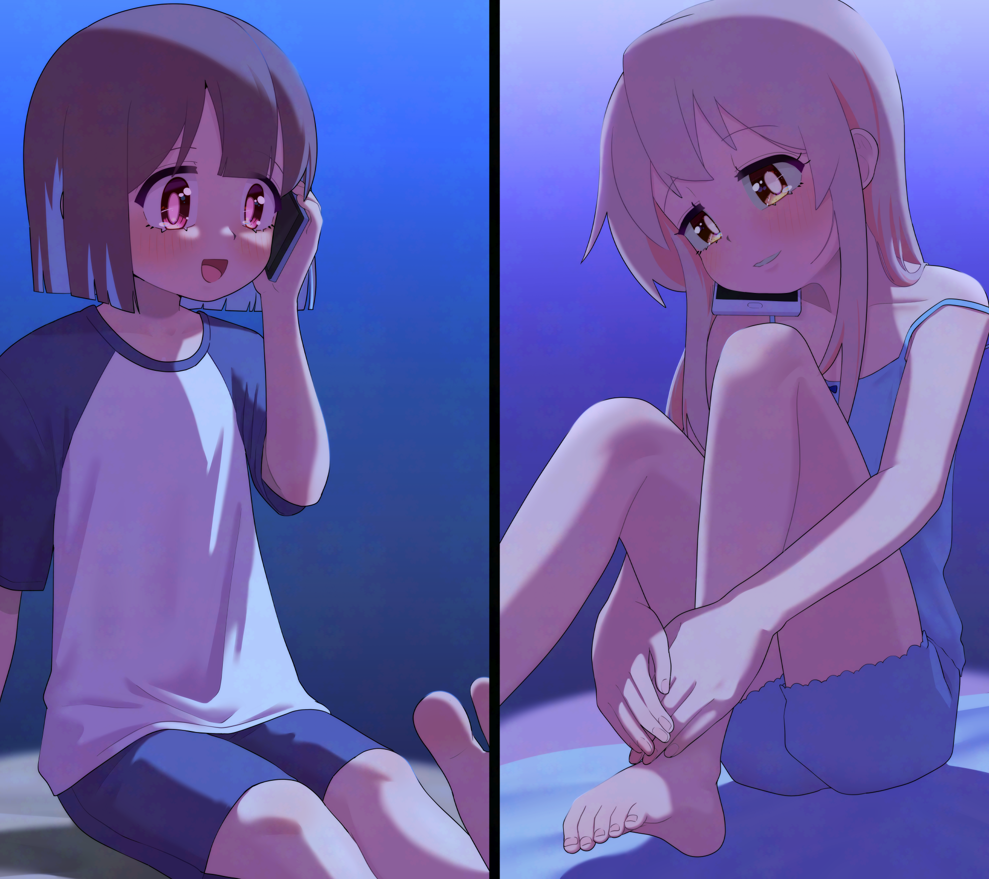 happyundergate, hozuki momiji, oyama mahiro, onii-chan wa oshimai!, commentary, highres, 2girls, :d, artist name, babydoll, bare arms, bare legs, bare shoulders, barefoot, blue babydoll, blue hair, blue shorts, blush, bob cut, brown eyes, brown hair, cellphone, collarbone, colored inner hair, grey hair, holding, holding phone, long hair, multicolored hair, multiple girls, open mouth, parted lips, phone, pink hair, plantar flexion, raglan sleeves, red eyes, shirt, short hair, shorts, sitting, smartphone, smile, strap slip, t-shirt, talking on phone, toes, twitter username, two-tone hair