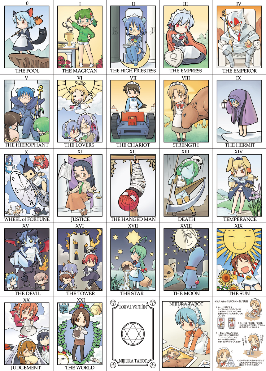 hinemosu notari, nemui, 2k-kun, 2k-tan, abui, astaroth (shinrabanshou), byakko (nijiura maids), chibi yami, chikoi, daiginjou, dorami, double muscle, futaba administrator, genbu (nijiura maids), goboten, guntank, heika, hidoi, homeko, inu-t, inu (nijiura), ise kiriko, kiri-san, kotonomiya yuki, kudoi, madoi, me-kun, me-tan, medoi, modoi, ozoi, seiryuu (nijiura maids), shitai, shitsuji, spider-man, suzaku (nijiura maids), waha, xp-kun, xp home-tan, xphome, yamato suzuran, yowai, yukiko-san, doraemon, futaba channel, gundam, kusari hime: euthanasia, marvel, mobile suit gundam, nijiura maids, os-tan, shinrabanshou, spider-man (series), suigetsu, uchuu senshi baldios, yuusha ou gaogaigar, yuusha series, 1980s (style), annotated, highres, 1990s (style), 6+boys, 6+girls, :3, animal ears, black sclera, blue skin, card (medium), cat ears, cat tail, chibi, cloud, colored sclera, colored skin, death (tarot), demon girl, everyone, facebook meme, facebook tag, flower, glasses, harpy, horns, hugging object, justice (tarot), lily of the valley, maid, mask, meme, monster girl, moon, moshioebi, multiple boys, multiple girls, neta, oldschool, panties, pantyhose, peeking out, pillow, pillow hug, pince-nez, pointy ears, retro artstyle, star (symbol), strength (tarot), sun, tail, tarot, tarot (medium), tarot set, temperance (tarot), the chariot (tarot), the devil (tarot), the emperor (tarot), the empress (tarot), the fool (tarot), the hanged man (tarot), the hermit (tarot), the hierophant (tarot), the high priestess (tarot), the lovers (tarot), the magician (tarot), the moon (tarot), the star (tarot), the sun (tarot), the tower (tarot), the world (tarot), underwear, water, wheel of fortune (tarot), winged arms, wings, yaranaika