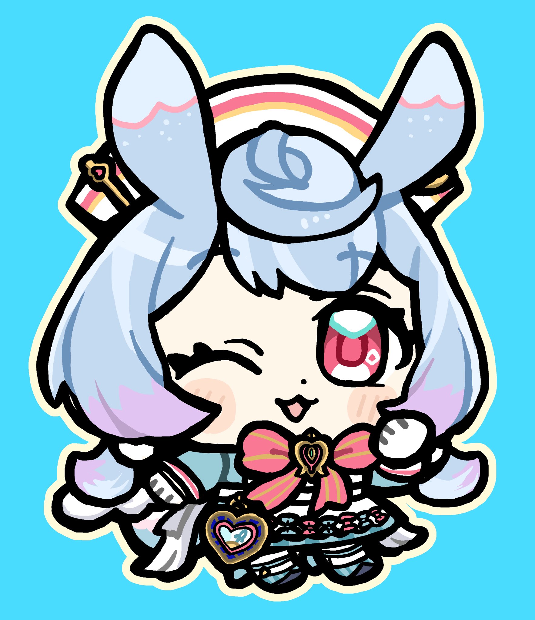 bkub, sigewinne (genshin impact), genshin impact, highres, 1girl, :3, ;d, black shoes, blue background, blue hair, blue shirt, blue skirt, blue socks, blush stickers, bow, bowtie, chibi, chibi only, full body, gloves, hand up, hat, long hair, long sleeves, multicolored hair, one eye closed, open mouth, outline, purple hair, red bow, red bowtie, red eyes, shirt, shoes, simple background, skirt, smile, socks, solo, striped bow, striped bowtie, striped clothes, striped socks, two-tone hair, white gloves, white hat, yellow outline