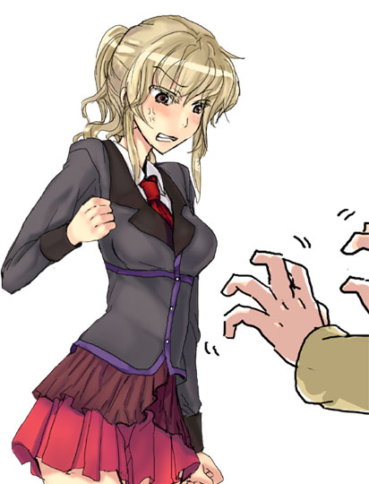 sora (efr), ushiromiya battler, ushiromiya jessica, umineko no naku koro ni, 00s, 1boy, 1girl, angry, blonde hair, blush, brown eyes, clenched hand, cousins, necktie, pleated skirt, ponytail, school uniform, serafuku, skirt