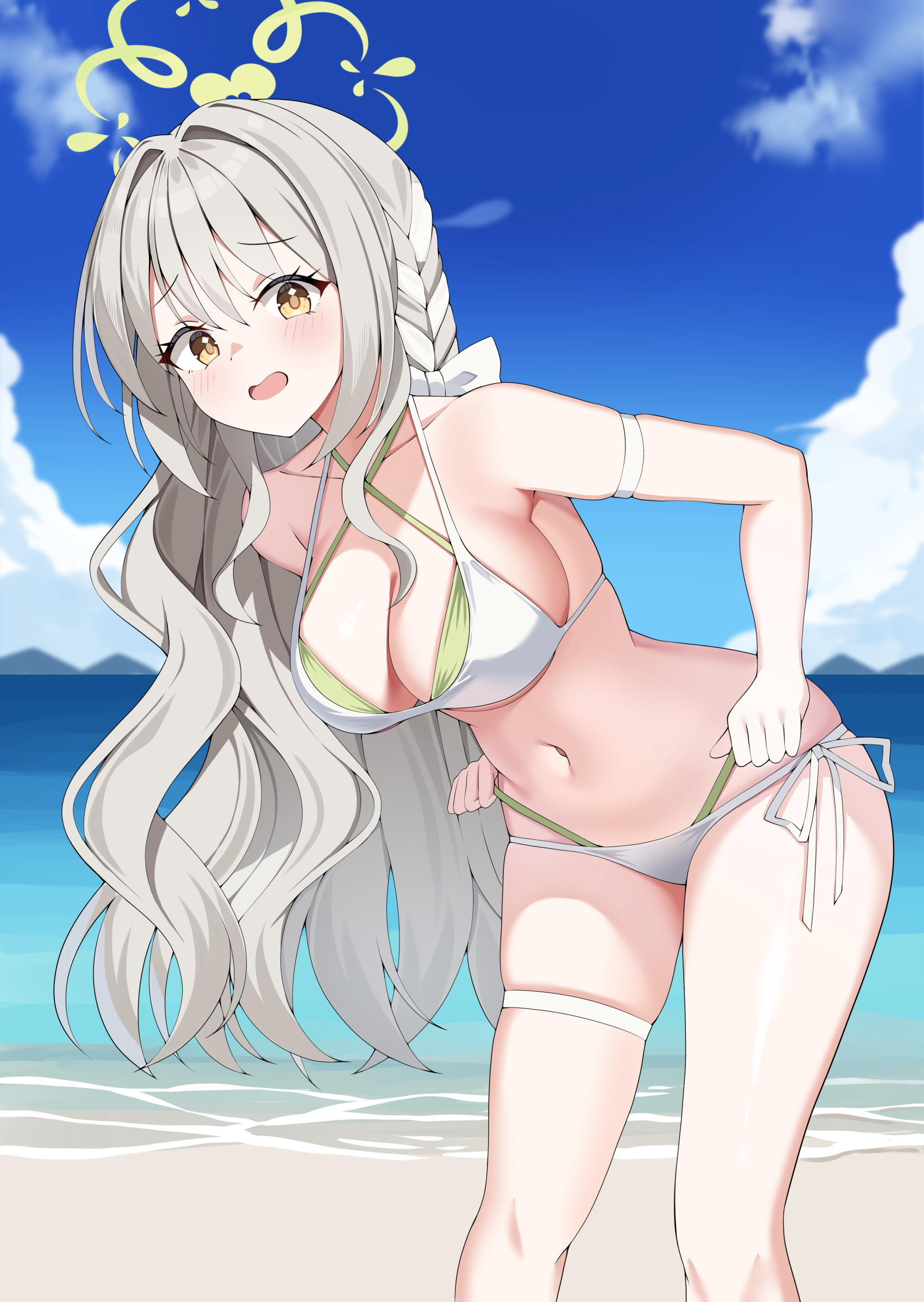 sob (submar1089), miyo (blue archive), blue archive, commentary, highres, 1girl, arm strap, bare shoulders, beach, bikini, blush, bow, braid, breasts, choppy bangs, cleavage, cloud, collarbone, criss-cross halter, criss-cross straps, day, green bikini, green halo, grey hair, hair between eyes, hair bow, hair intakes, hair ribbon, halo, halterneck, holding strap, layered bikini, leaning forward, long hair, looking at viewer, medium breasts, mountainous horizon, navel, ocean, open mouth, outdoors, ribbon, ribbon braid, side-tie bikini bottom, sidelocks, solo, standing, stomach, swimsuit, thigh strap, thighs, very long hair, white bikini, white bow, yellow eyes