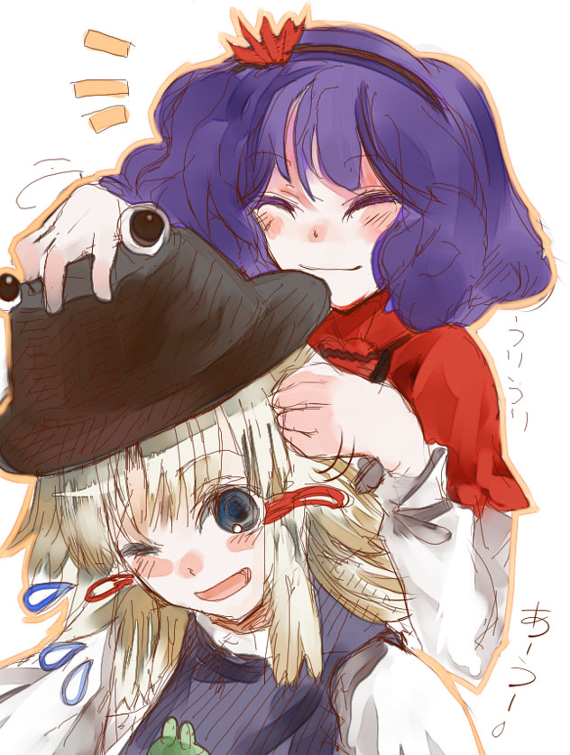 nokishita, moriya suwako, yasaka kanako, touhou, 2girls, ;d, ^ ^, blonde hair, blue eyes, blush, closed eyes, dress, extra eyes, female focus, hair ornament, hat, leaf hair ornament, long sleeves, multiple girls, one eye closed, open mouth, puffy short sleeves, puffy sleeves, purple dress, red dress, short hair, short sleeves, simple background, smile, sweater, white background