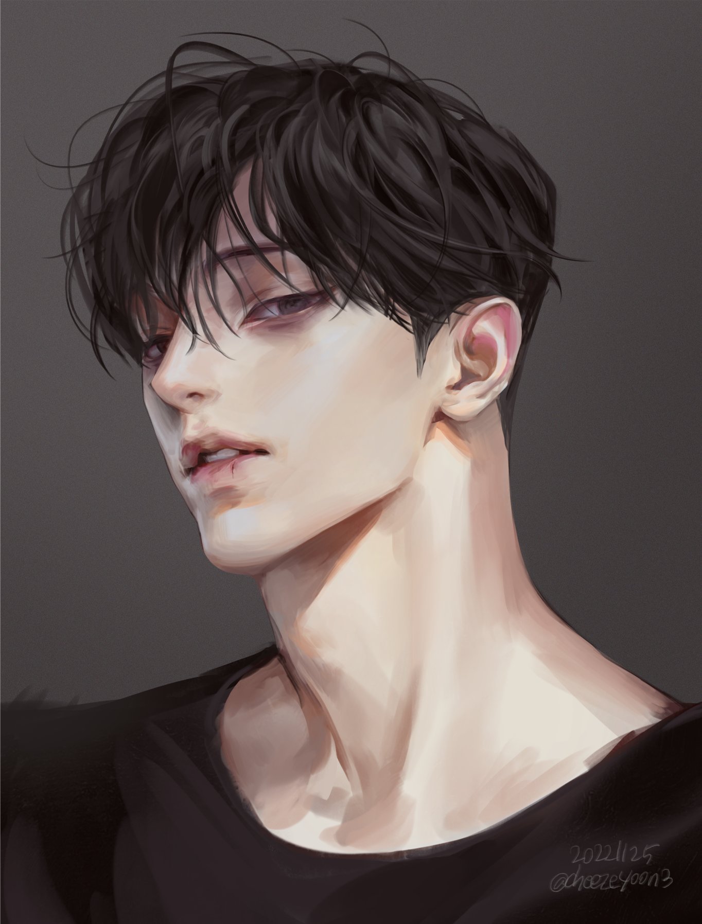 cheezeyoon3, original, highres, 1boy, adam's apple, bags under eyes, black hair, black shirt, eyes visible through hair, grey background, grey eyes, hair over one eye, looking at viewer, male focus, nose, parted lips, portrait, scar on lip, shirt, short hair, solo, teeth, toned, toned male