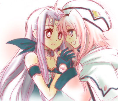 asclepius (nanoha), caro ru lushe, kerykeion (nanoha), lutecia, lutecia alpine, lyrical nanoha, mahou shoujo lyrical nanoha, mahou shoujo lyrical nanoha strikers, lowres, 00s, 2girls, ahoge, cape, facial mark, fingerless gloves, forehead mark, gloves, hat, magical girl, multiple girls, pink hair