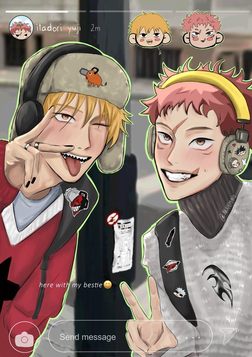 denji (chainsaw man), fushiguro megumi, gojou satoru, itadori yuuji, pochita (chainsaw man), ryoumen sukuna (jujutsu kaisen), ryoumen sukuna (true form) (jujutsu kaisen), chainsaw man, jujutsu kaisen, highres, ibispaint (medium), 2boys, :d, ;d, alternate costume, aransmind, backpack, bag, black nails, blonde hair, blush, brown eyes, chibi, chibi inset, english text, facial scar, green outline, grey shirt, grills, hat, headphones, instagram story, jewelry, looking at viewer, multiple boys, one eye closed, open mouth, outline, pink hair, red sweater, ring, scar, scar on cheek, scar on face, scar on forehead, scar on lip, selfie, sharp teeth, shirt, smile, sticker, sweater, teeth, tongue, tongue out, turtleneck, turtleneck sweater, twitter username, ushanka, v, wanted poster, white trim