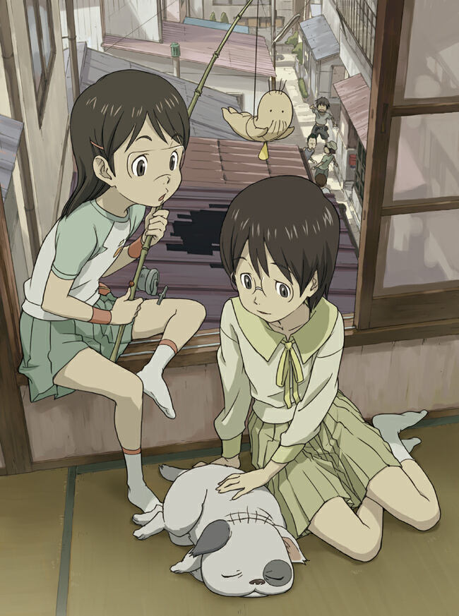 naruko hanaharu, hashimoto fumie, okonogi yuuko, dennou coil, visor, 00s, 2girls, 4boys, brown eyes, brown hair, child, dog, fishing rod, glasses, multiple boys, multiple girls, raglan sleeves, safety glasses, school uniform, skirt, sleeping, socks, window