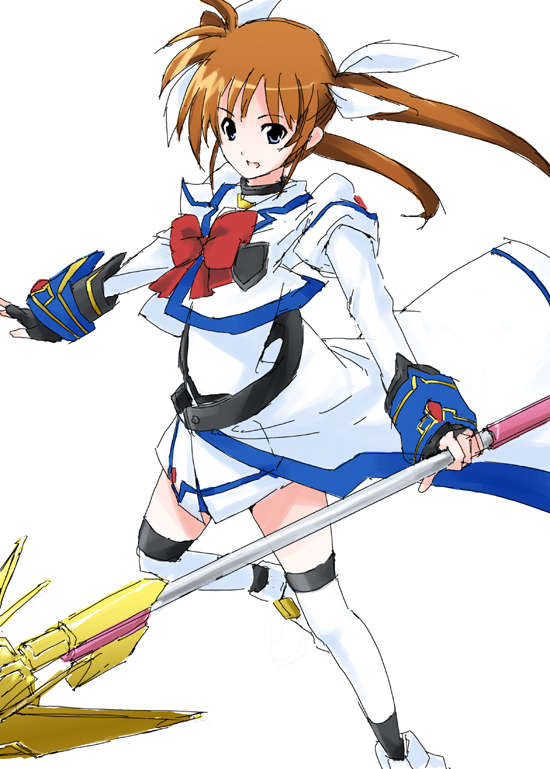 sakurai yuya, raising heart, takamachi nanoha, lyrical nanoha, mahou shoujo lyrical nanoha, mahou shoujo lyrical nanoha strikers, 00s, 1girl, bow, female focus, fingerless gloves, gloves, magazine (weapon), magical girl, purple eyes, red bow, red hair, solo, twintails, waist cape