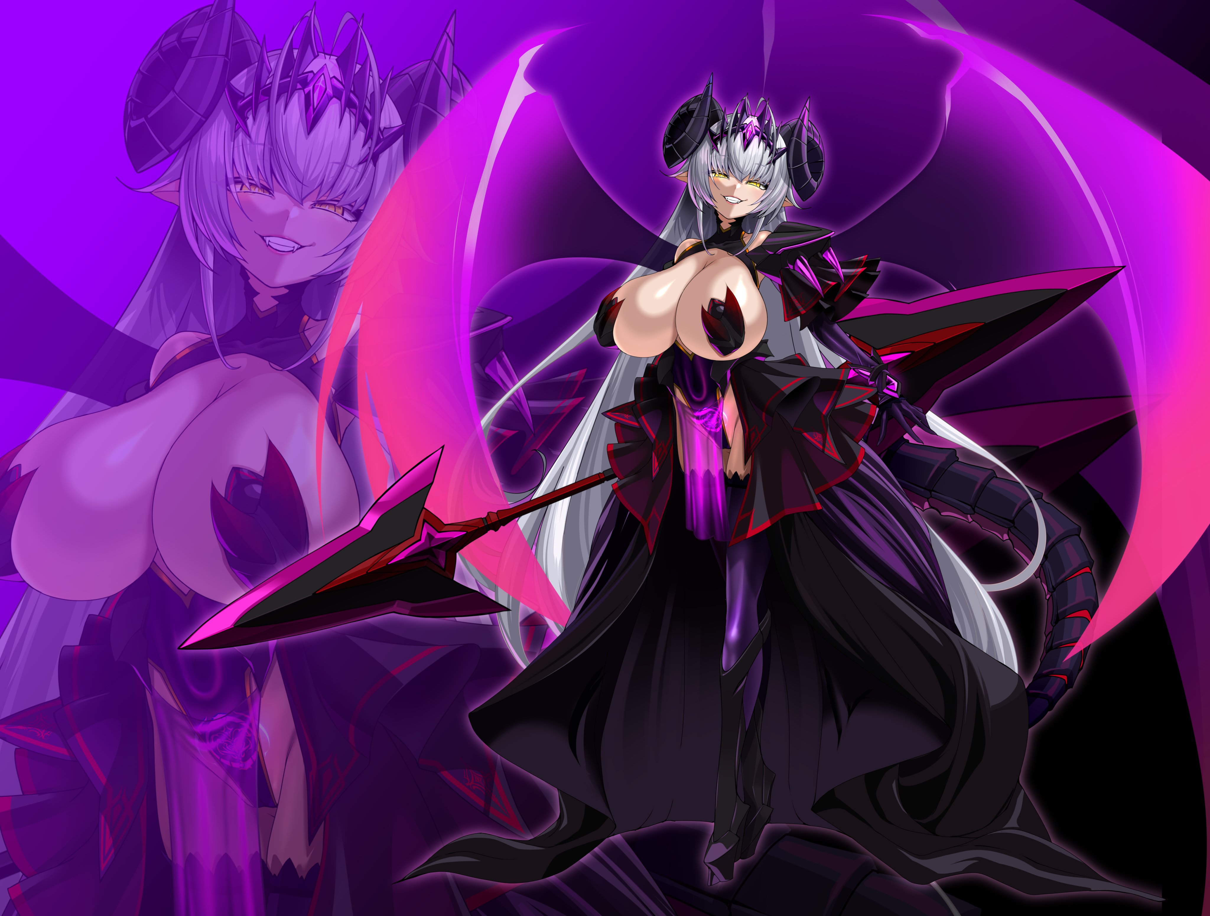 nakayama z, exs-tia spica, katsuragi shiori, shihou souma, kouyoku senki exs-tia, absurdres, commission, highres, 1girl, alternate costume, antenna hair, bare shoulders, black dress, black tiara, breasts, corruption, covered erect nipples, curled horns, demon girl, demon horns, demon tail, dress, evil grin, evil smile, full body, grey hair, grin, groin, highleg, horns, huge breasts, long hair, multiple views, pasties, pointy ears, see-through clothes, see-through skirt, showgirl skirt, skirt, smile, tail, tiara, very long hair, yellow eyes
