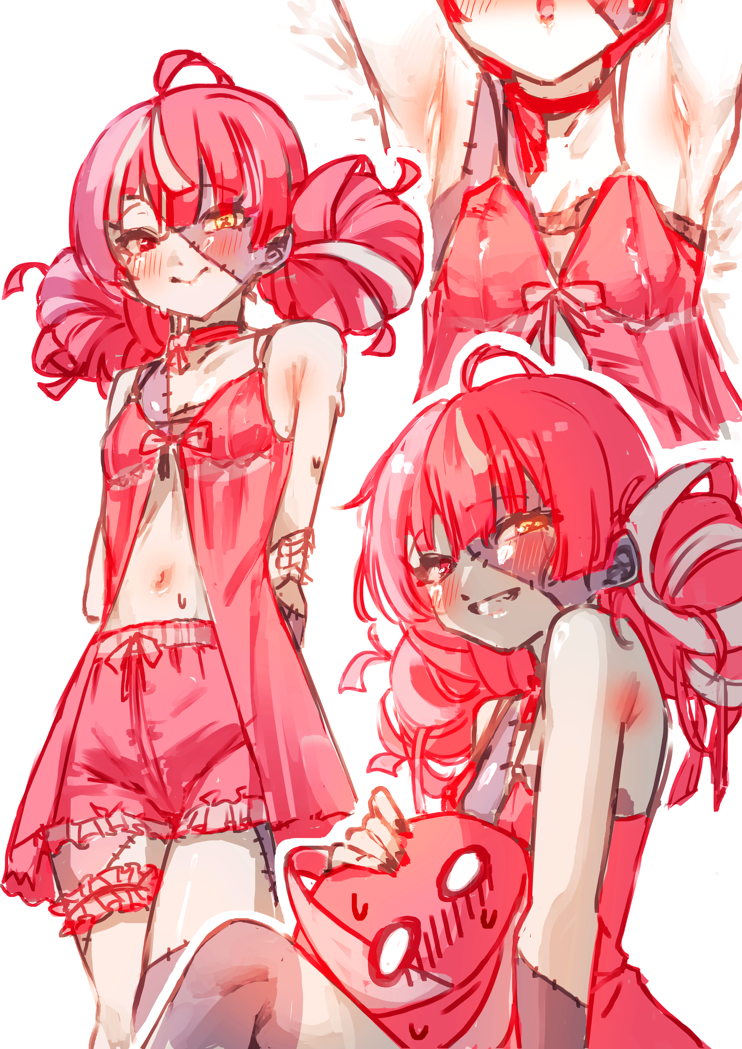 kghazir, kureiji ollie, hololive, hololive indonesia, absurdres, commentary, english commentary, highres, 1girl, armpits, arms behind back, babydoll, bare arms, bare shoulders, blush, breasts, colored skin, double bun, frilled shorts, frills, front slit, grey skin, grin, hair bun, heterochromia, lingerie, long hair, looking at viewer, multicolored hair, multicolored skin, multiple views, navel, patchwork skin, red babydoll, red eyes, red hair, red shorts, shorts, small breasts, smile, stitched face, stitches, stomach, streaked hair, thigh strap, underwear, virtual youtuber, white hair, yellow eyes