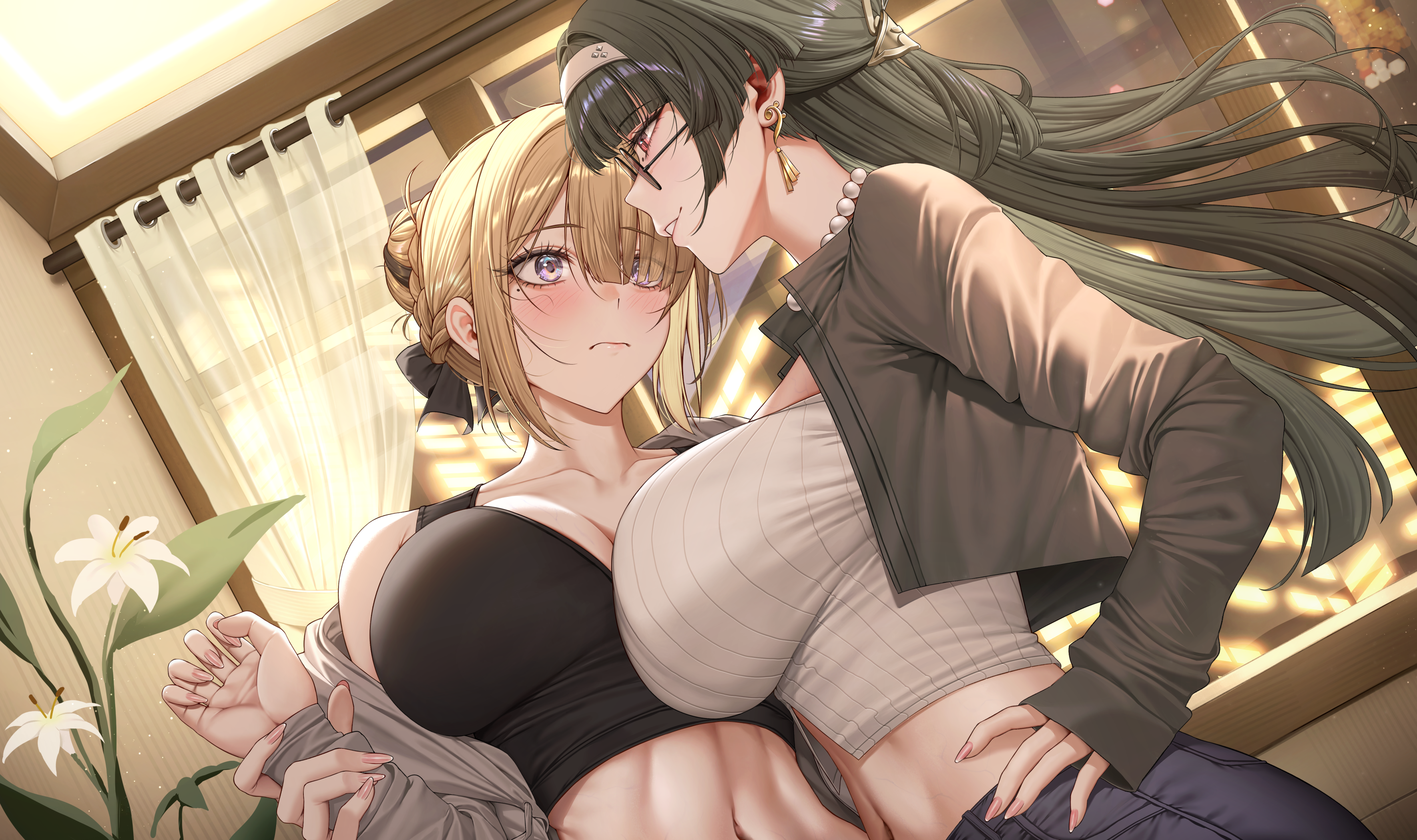 nompang, astra yao, evelyn chevalier, zenless zone zero, absurdres, commentary request, highres, korean commentary, 2girls, alternate breast size (larger), alternate costume, bead necklace, beads, black hair, black jacket, blonde hair, blush, breasts, closed mouth, collarbone, earrings, flower, glasses, hair ornament, hairband, hand on own hip, holding another's wrist, huge breasts, indoors, jacket, jewelry, long hair, long sleeves, looking at another, mole, mole under eye, multiple girls, navel, necklace, off shoulder, open clothes, open jacket, parted lips, purple eyes, red eyes, single bare shoulder, smile, white hairband, yuri