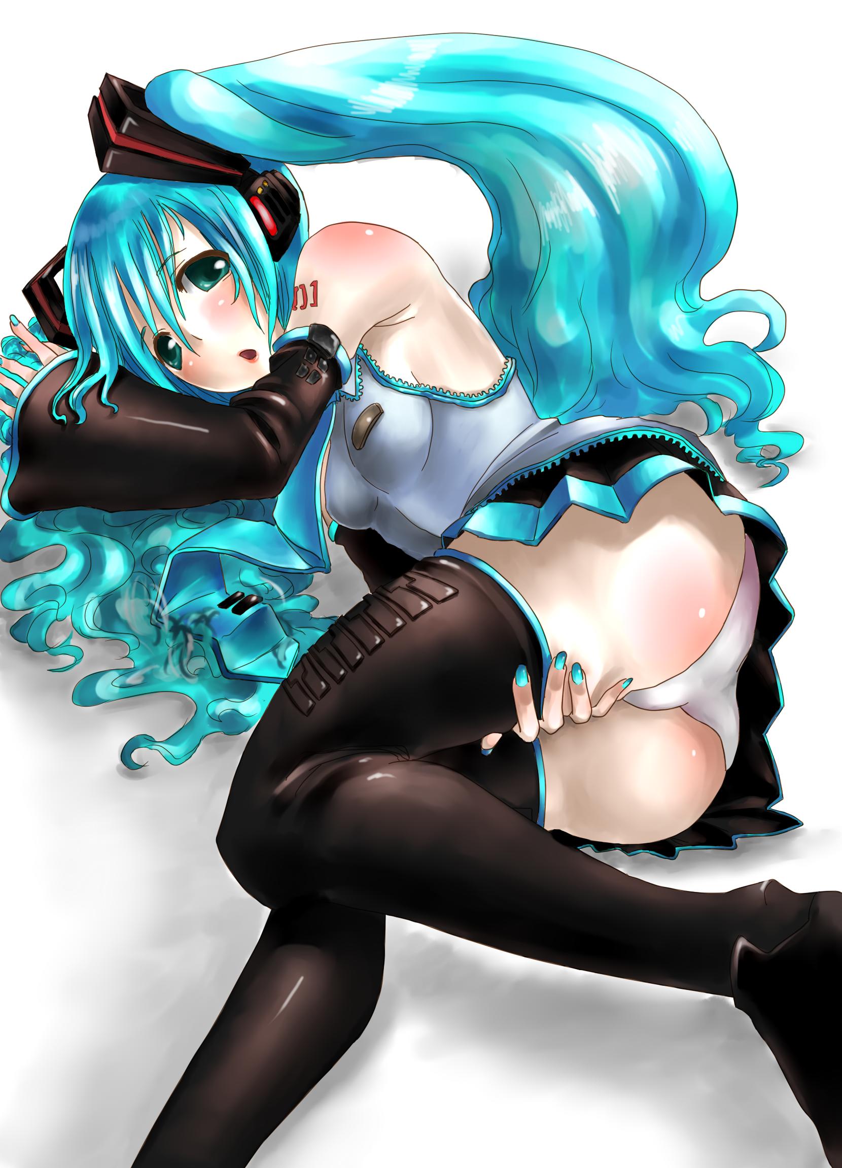 hatsune miku, vocaloid, highres, aqua necktie, black thighhighs, blouse, boots, cameltoe, collared shirt, frilled shirt, frills, grey shirt, hand on own thigh, headphones, long hair, necktie, panties, shirt, sleeveless, sleeveless shirt, solo, tattoo, thigh boots, thighhighs, twintails, underwear, white background, white panties, zettai ryouiki