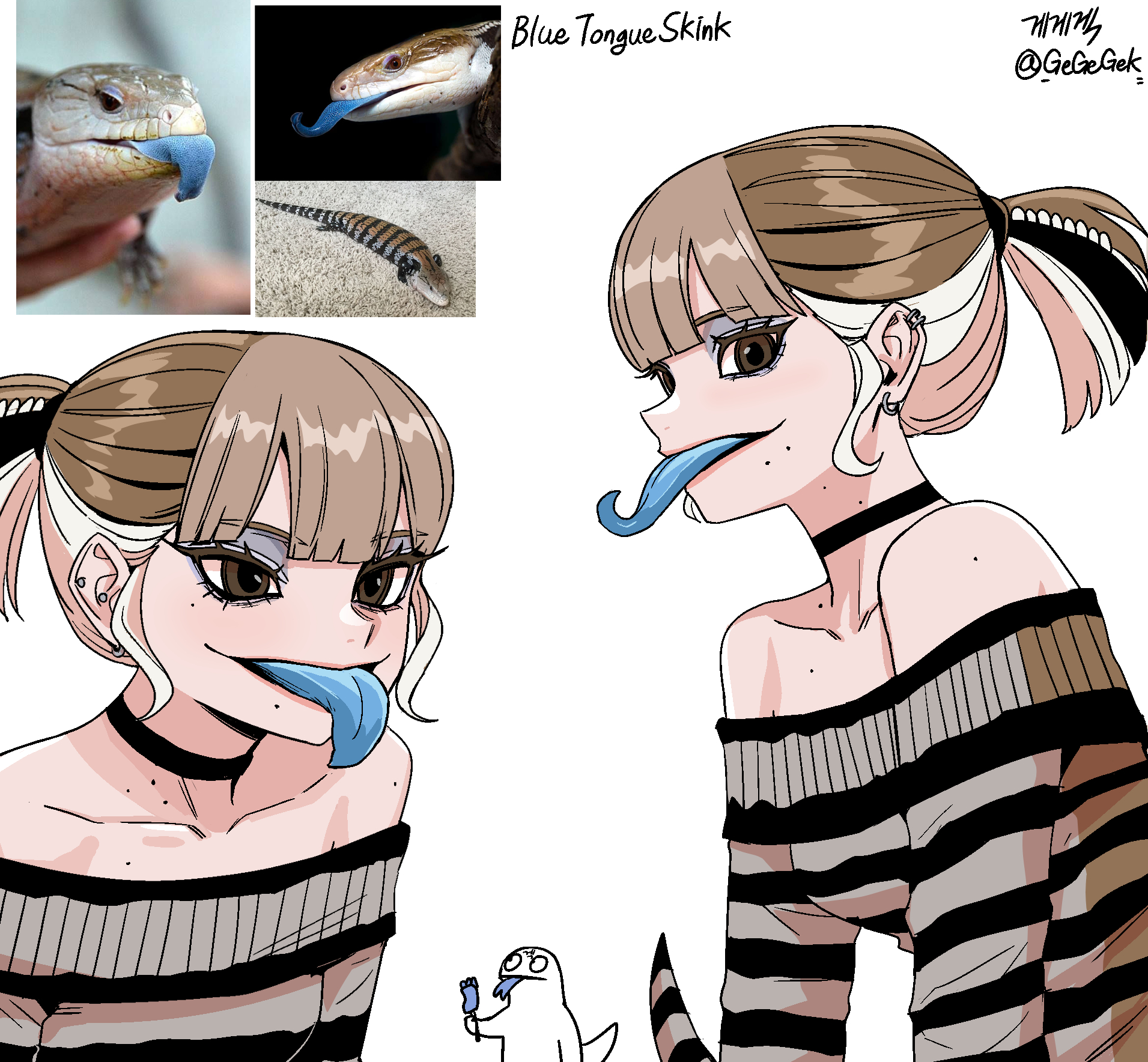 gegegekman, original, highres, artist self-insert, blonde hair, blue-tongued skink, blue tongue, brown hair, colored tongue, creature and personification, horizontal-striped dress, lizard, lizard tail, multicolored hair, personification, photo inset, ponytail, reference inset, reptile girl, skink lizard, tail, tongue, tongue out, twitter username