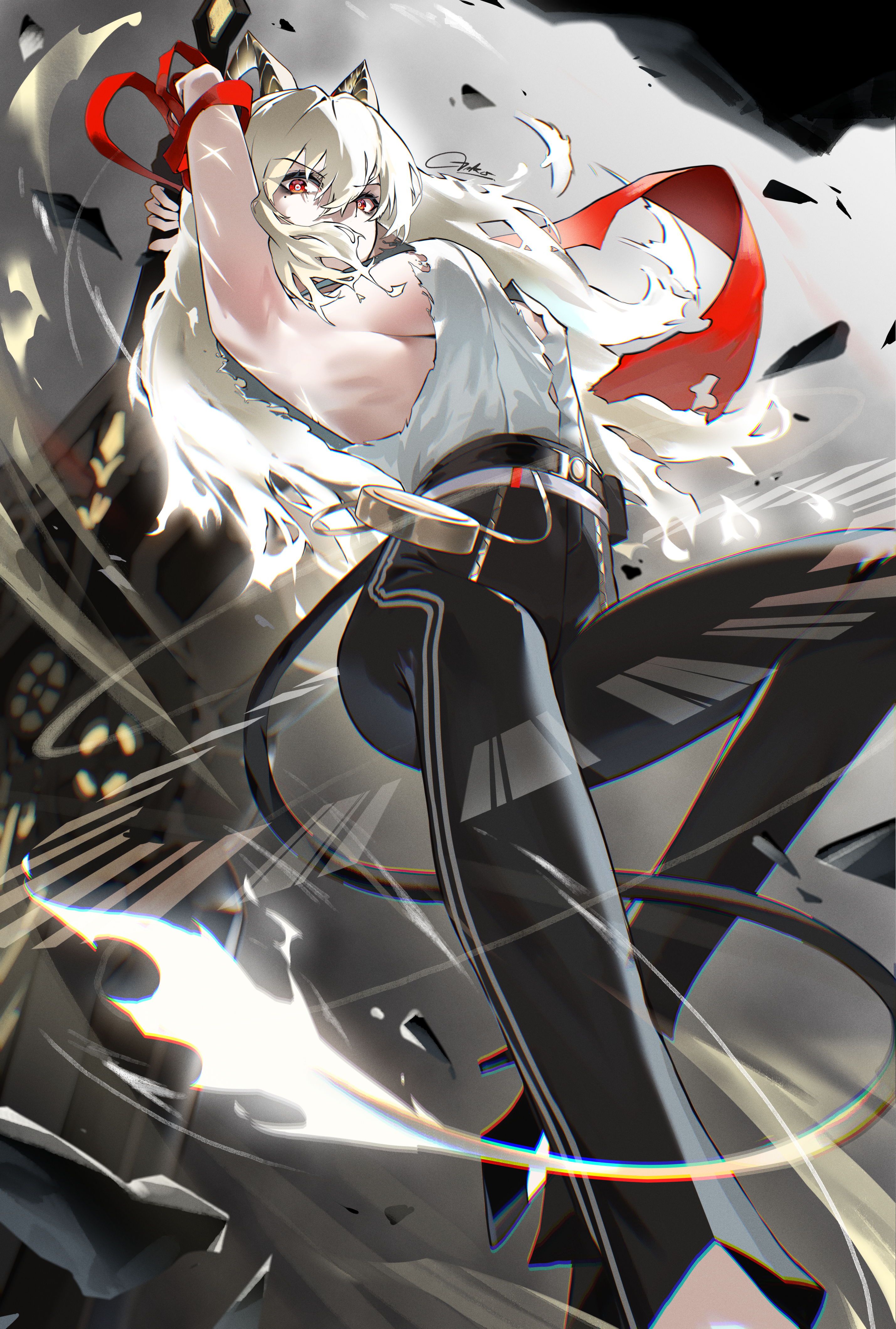 t3ku, zani (wuthering waves), wuthering waves, absurdres, highres, 1girl, armpits, arms up, black horns, black pants, black tail, breasts, chromatic aberration, curled horns, fire, flame-tipped tail, foot out of frame, from below, glowing scar, greatsword, grey hair, hair between eyes, high-waist pants, holding, holding sword, holding weapon, horns, incoming attack, large breasts, long hair, looking at viewer, looking down, missing commentary, mole, mole under eye, pants, red eyes, scar, shirt, shirt tucked in, sideboob, signature, solo, sword, tail, torn clothes, torn shirt, v-shaped eyebrows, weapon, white shirt