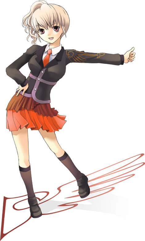 oujima tamaki, ushiromiya jessica, umineko no naku koro ni, 00s, black shoes, brown eyes, brown hair, hand on own hip, hip focus, necktie, pleated skirt, ponytail, school uniform, serafuku, shoes, skirt, socks, solo