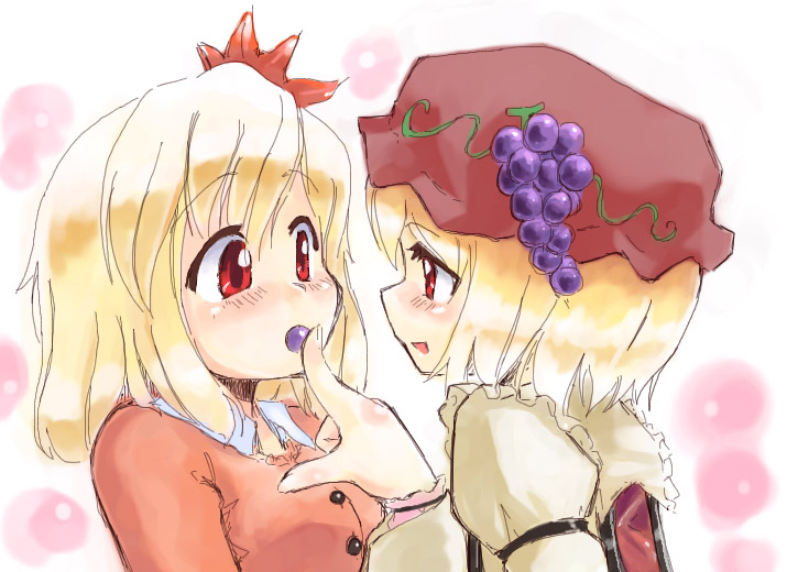 homura subaru, aki minoriko, aki shizuha, touhou, 2girls, blonde hair, blush, eye contact, feeding, female focus, finger to mouth, food, fruit, grapes, hair ornament, hat, incest, leaf, leaf hair ornament, leaf on head, looking at another, multiple girls, object on head, oekaki, red eyes, shushing, siblings, sisters, upper body, wide-eyed, yuri