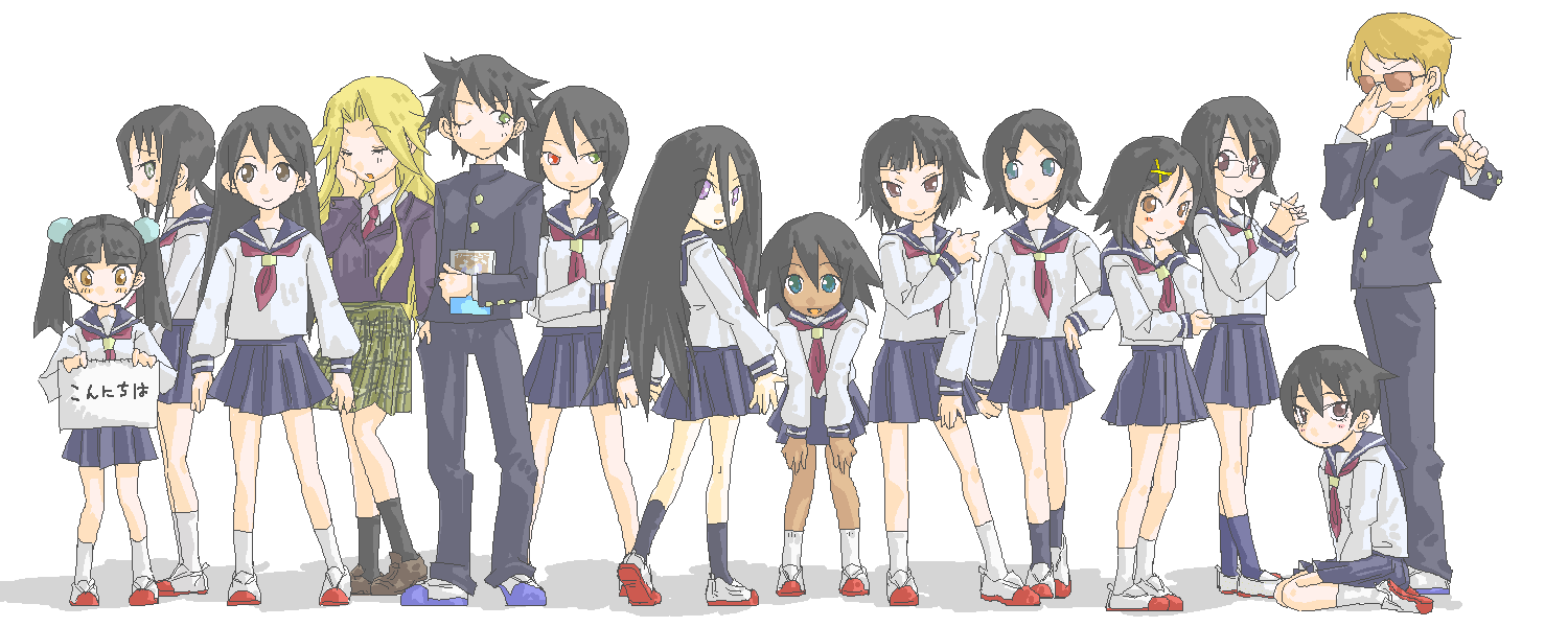fuura kafuka, hitou nami, itoshiki nozomu, kaga ai, kimura kaere, kitsu chiri, kobushi abiru, komori kiri, kudou jun, mitama mayo, otonashi meru, sekiutsu maria tarou, tsunetsuki matoi, sayonara zetsubou sensei, 00s, 2boys, 6+girls, bandages, black hair, blonde hair, everyone, gakuran, glasses, hair ornament, hairclip, long hair, mole, mole under eye, multiple boys, multiple girls, ponytail, school uniform, serafuku, short hair, skirt
