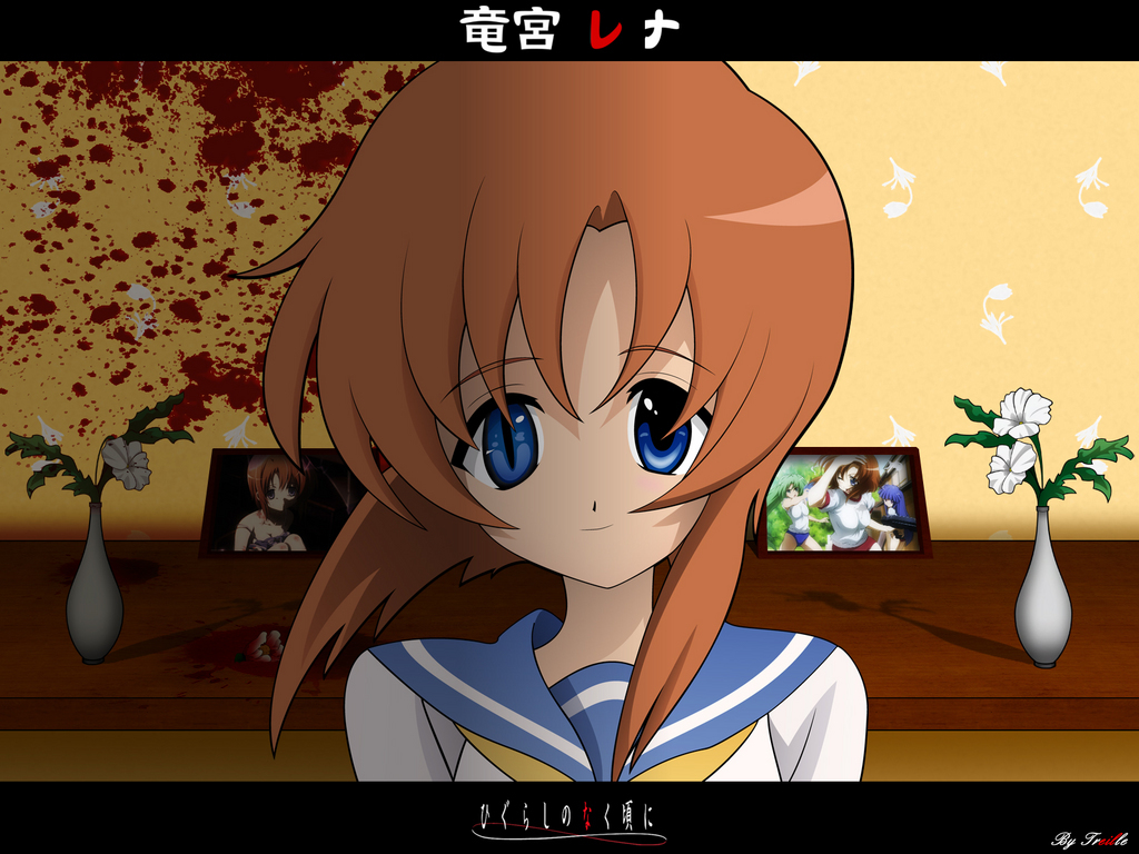 ryuuguu rena, higurashi no naku koro ni, 00s, 3girls, blood, blood splatter, blue hair, breasts, buruma, closed mouth, crazy eyes, floating hair, flower, green eyes, gym uniform, indoors, large breasts, letterboxed, long hair, looking at viewer, multiple girls, orange hair, photo (object), school uniform, serafuku, shelf, smile, solo focus, uneven eyes, upper body, vase, white flower
