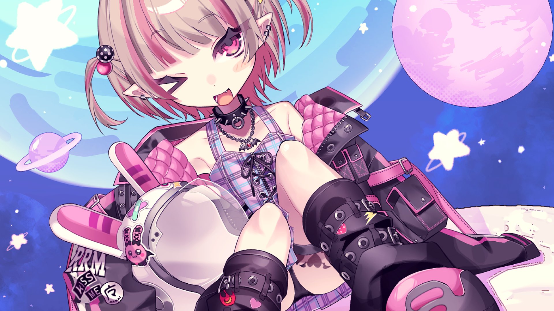 makaino ririmu, nijisanji, highres, 1girl, ;d, animal ears, animal ears helmet, animal helmet, arm belt, belt, black belt, black collar, black jacket, black leg warmers, black panties, black straps, blunt bangs, blush stickers, chain, chain necklace, clothes writing, collar, collarbone, colored inner hair, crop top, cross-laced clothes, cross-laced top, dutch angle, ear cuffs, fake animal ears, flame print, food print, foot out of frame, fruit print, grey hair, hair bobbles, hair ornament, heart, heart print, helmet, holding, holding unworn helmet, jacket, jewelry, knees up, leg belt, leg tattoo, leg warmers, lightning bolt print, looking at viewer, loose belt, makaino ririmu (6th costume), miniskirt, multicolored hair, multiple belts, necklace, no headwear, off shoulder, one eye closed, open clothes, open jacket, open mouth, panties, pantyshot, pendant, pink belt, pink hair, pink jacket, pink shoes, pink skirt, plaid clothes, plaid skirt, pleated skirt, pointy ears, rabbit ears, raised eyebrow, red eyes, shoes, short hair, single blush sticker, sitting, skirt, sleeves past fingers, sleeves past wrists, smile, solo, space, space helmet, spiked collar, spikes, star (symbol), sticker, strawberry print, streaked hair, tattoo, thigh strap, two-sided fabric, two-sided jacket, two side up, umm 0621, unbuttoned, underwear, unworn headwear, unworn helmet, unzipped, virtual youtuber, white helmet, winged heart, winged heart tattoo, wolf cut, zipper top